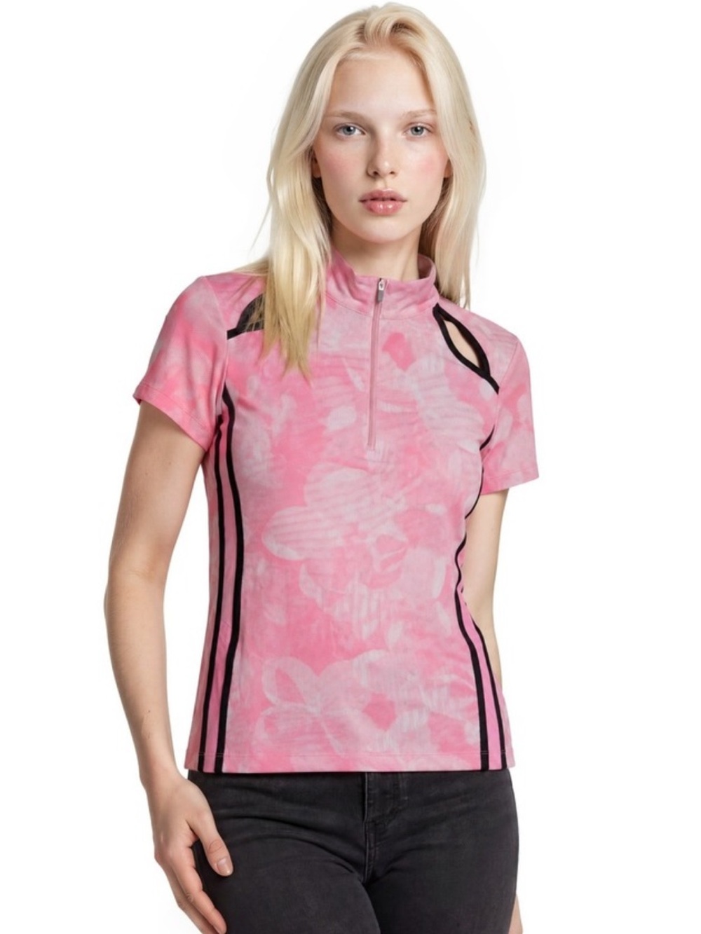 Tail Women’s Pink Short-Sleeve Zip Neck Top with Cutout Detail